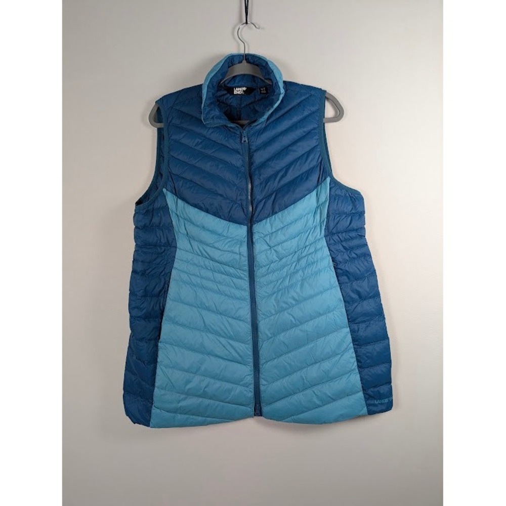 Lands End Womens Blue Colorblock Down Puffer Vest Size L 14-16 Chevron Quilted - Picture 1 of 9